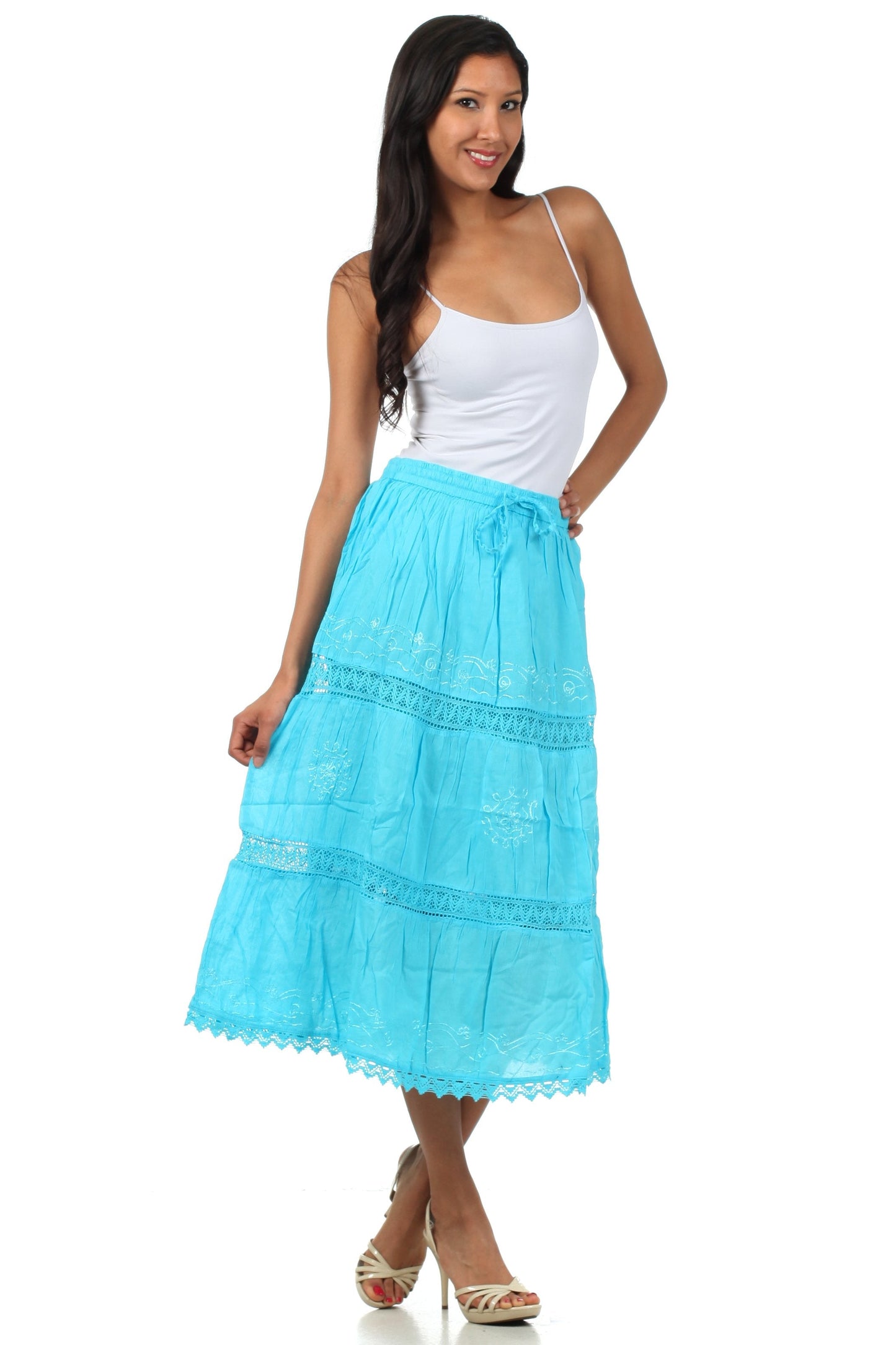 Sakkas Solid Embroidered Gypsy Bohemian Mid Length Cotton Skirt