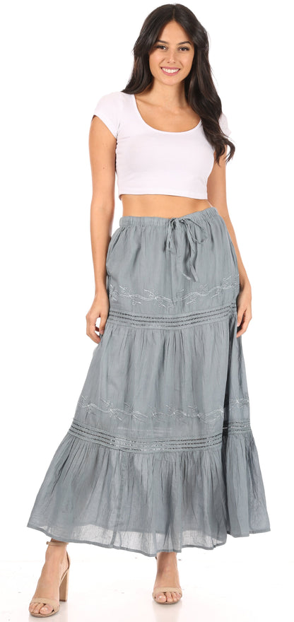 Sakkas Takara Maxi Broomstick Cascading  Peasant Skirt with Elastic Waist