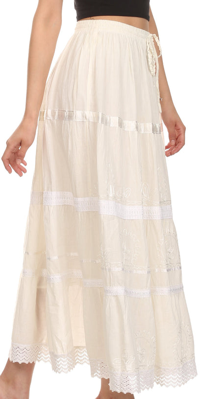 Sakkas Solid Embroidered Gypsy / Bohemian Full / Maxi / Long Cotton Skirt