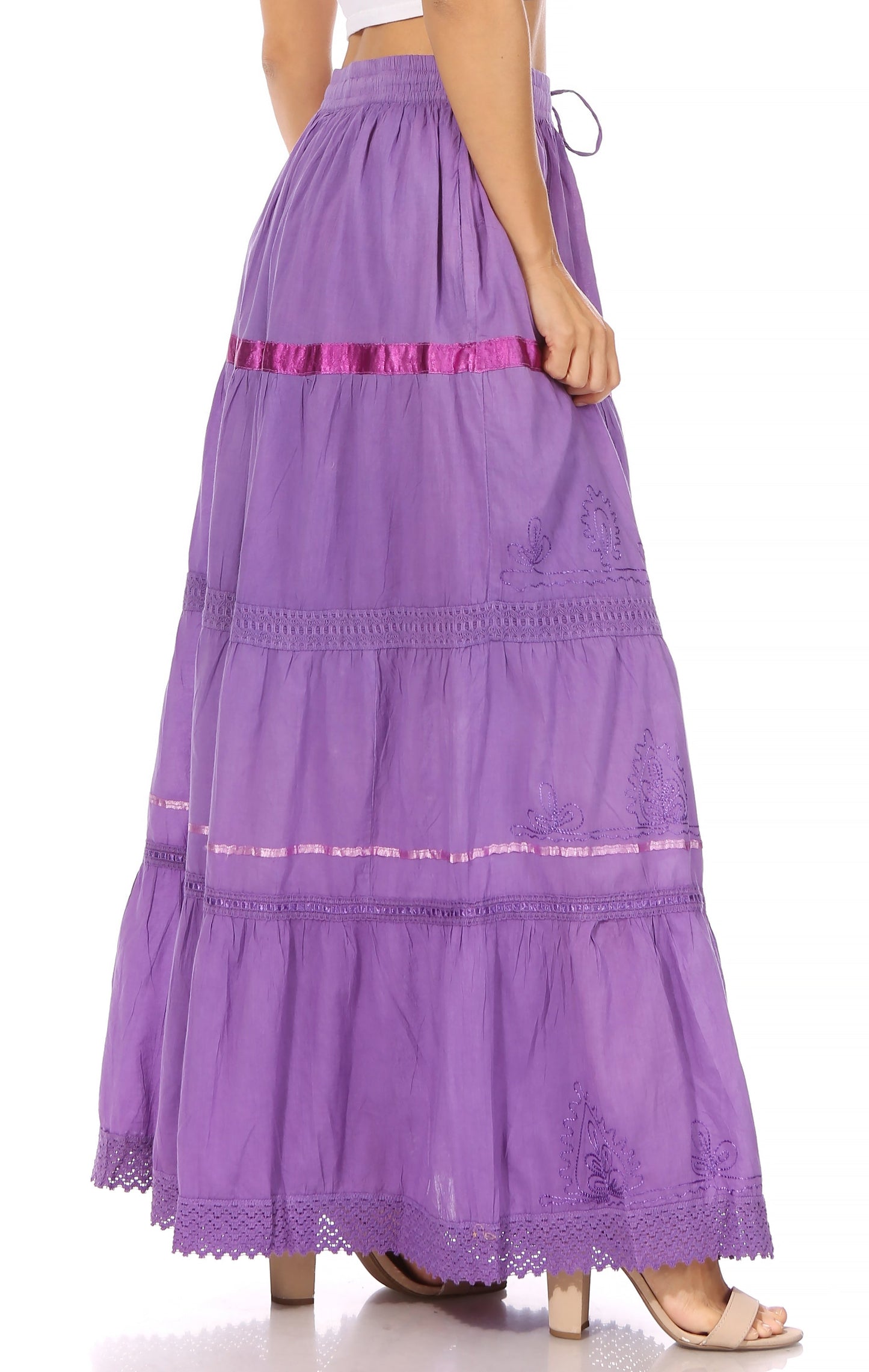 Sakkas Solid Embroidered Gypsy / Bohemian Full / Maxi / Long Cotton Skirt