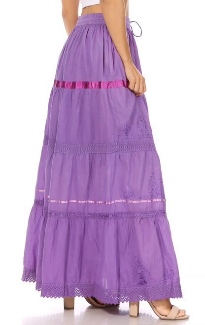 Sakkas Solid Embroidered Gypsy / Bohemian Full / Maxi / Long Cotton Skirt