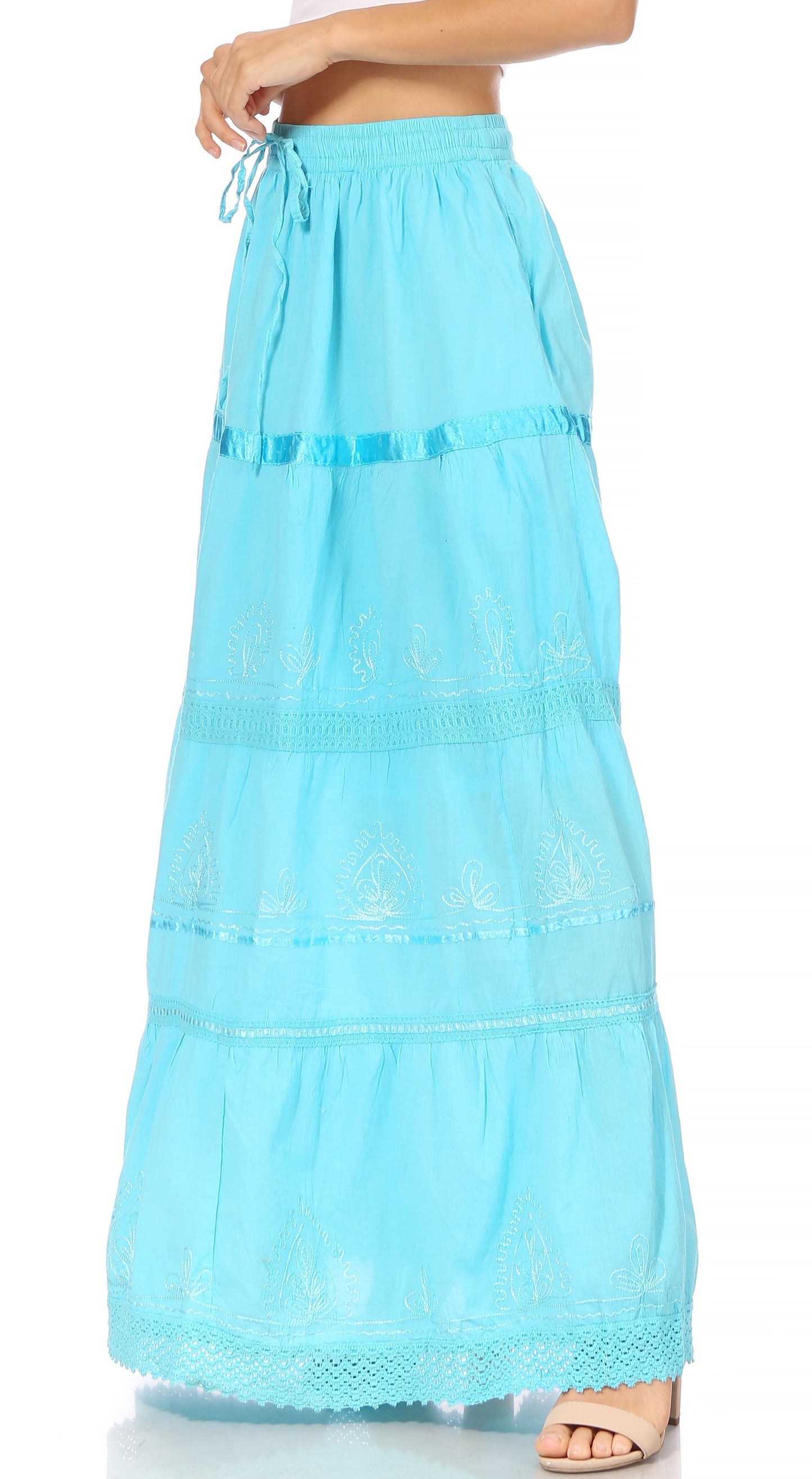 Sakkas Solid Embroidered Gypsy / Bohemian Full / Maxi / Long Cotton Skirt