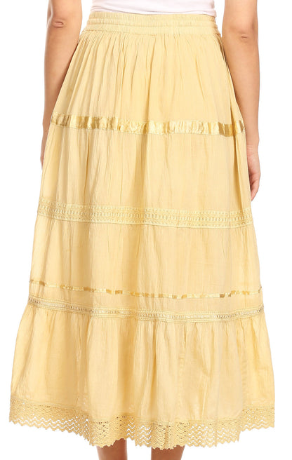 Sakkas Solid Embroidered Gypsy / Bohemian Mid Length Cotton Skirt
