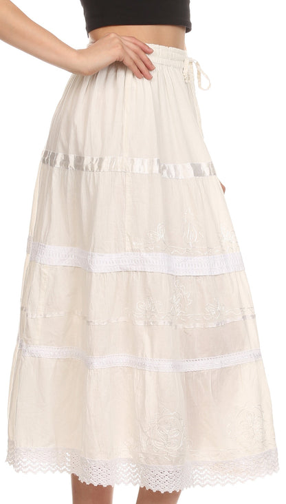 Sakkas Solid Embroidered Gypsy / Bohemian Mid Length Cotton Skirt