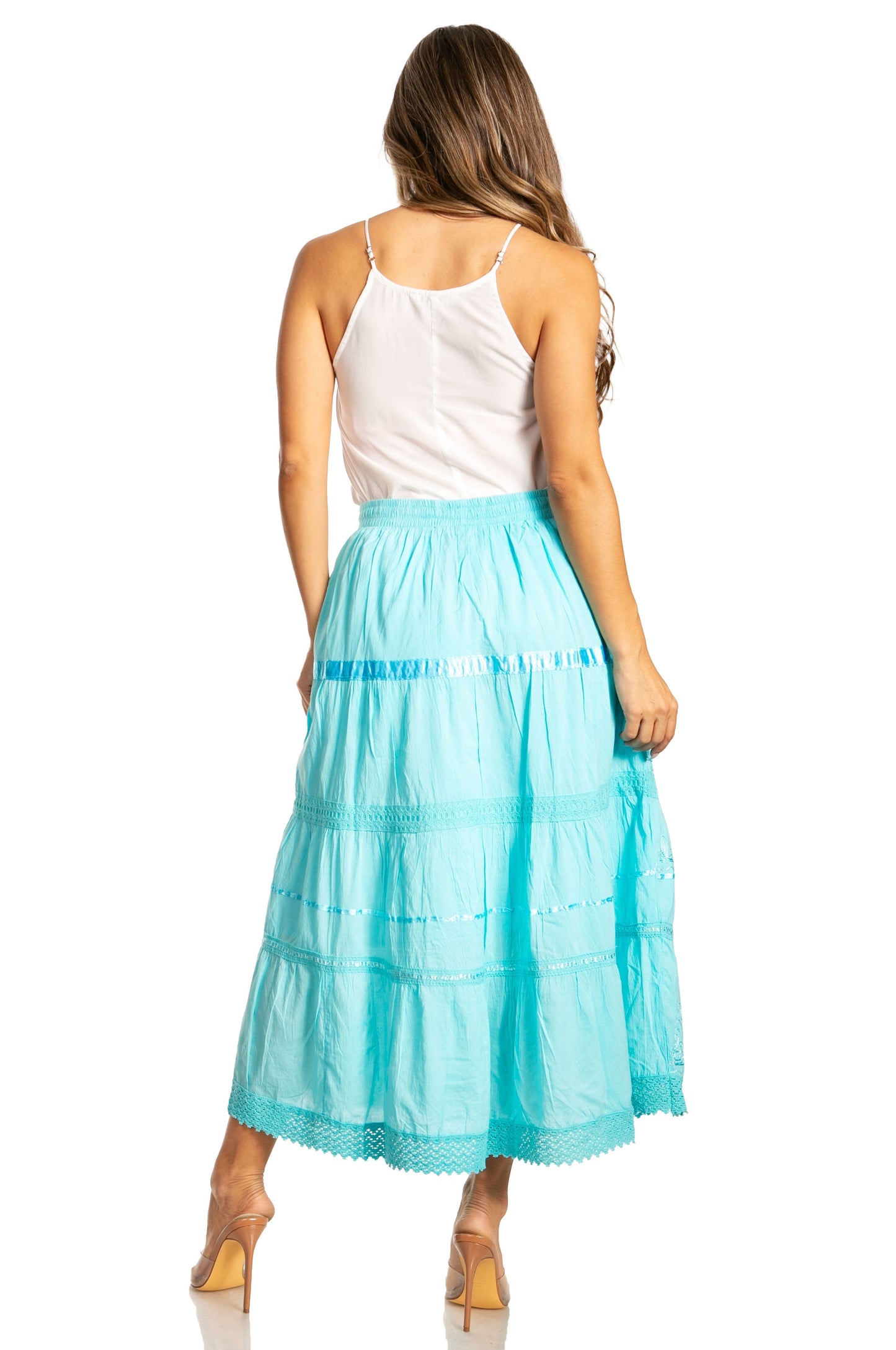 Sakkas Solid Embroidered Gypsy / Bohemian Mid Length Cotton Skirt