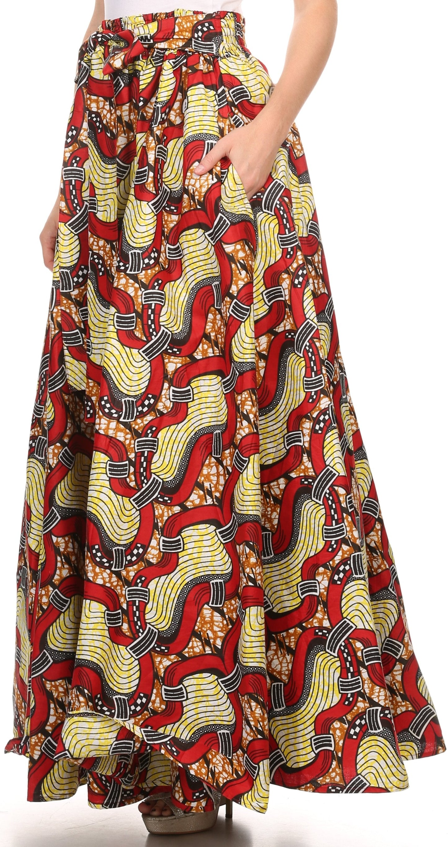 Sakkas Kelela Unique Designs Wax Print Adjustable Waist Long Tall Skirt