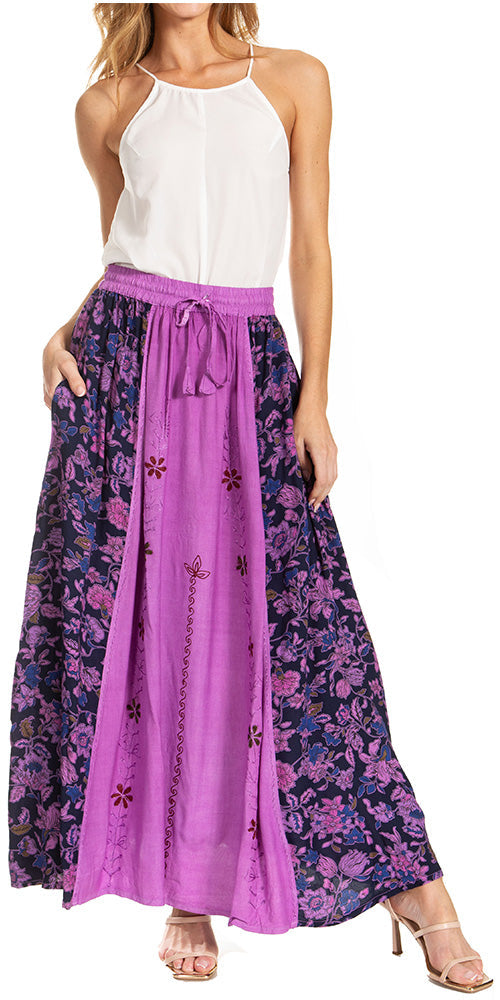 Sakkas Maran Women's Boho Embroidery Skirt with Lace Elastic Waist and Pockets