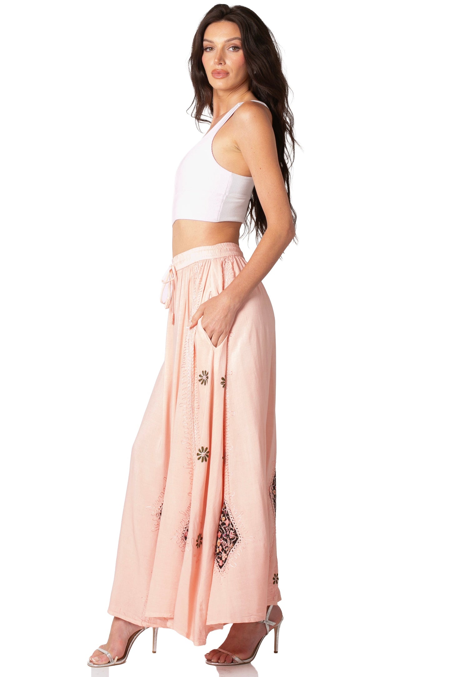 Sakkas Zarah Women's Boho Embroidery Gypsy Skirt with Lace Elastic Waist Pockets