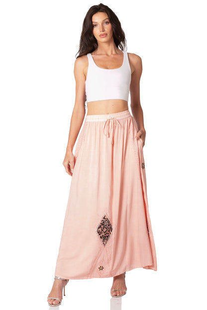 Sakkas Zarah Women's Boho Embroidery Gypsy Skirt with Lace Elastic Waist Pockets