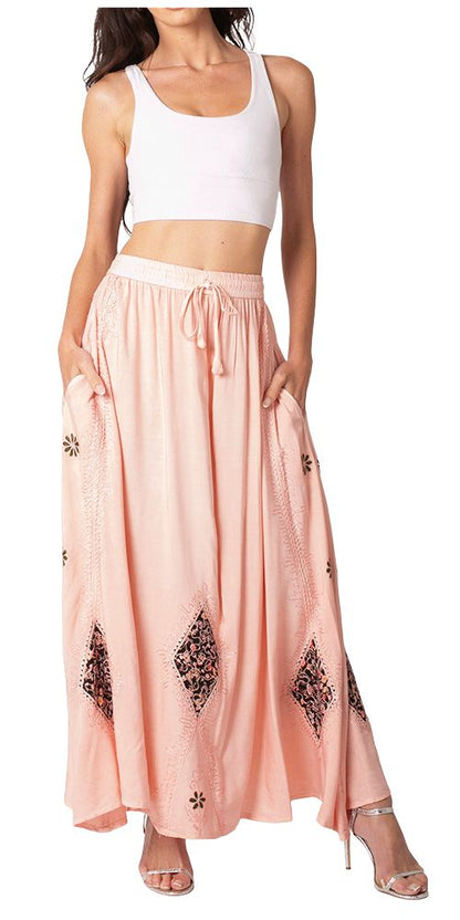 Sakkas Zarah Women's Boho Embroidery Gypsy Skirt with Lace Elastic Waist Pockets