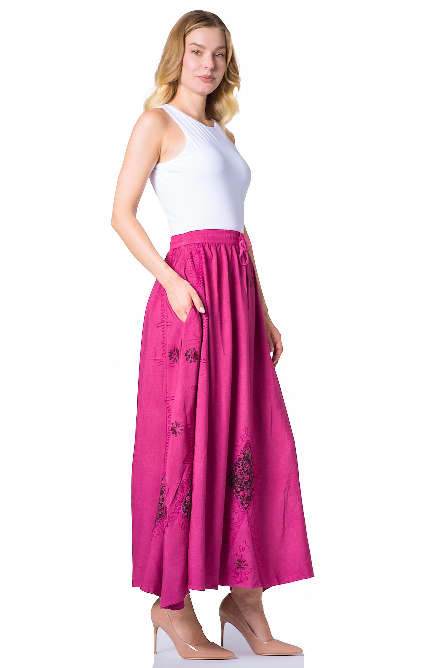 Sakkas Zarah Women's Boho Embroidery Gypsy Skirt with Lace Elastic Waist Pockets