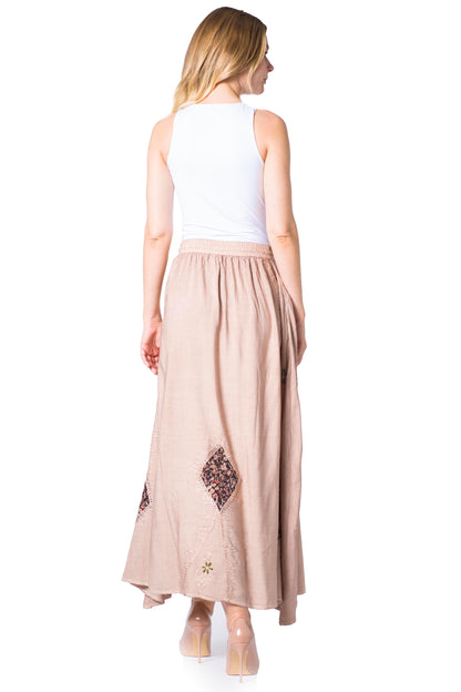 Sakkas Zarah Women's Boho Embroidery Gypsy Skirt with Lace Elastic Waist Pockets