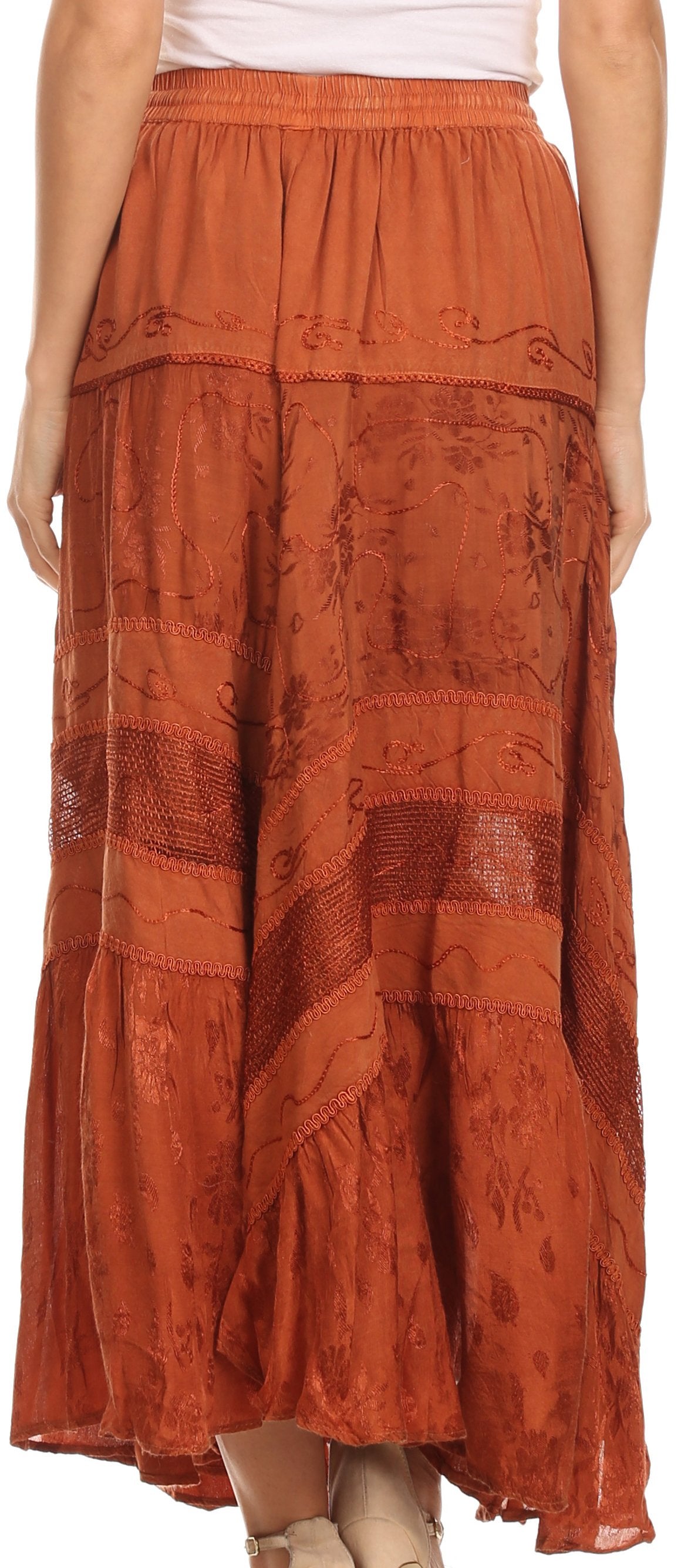 Sakkas Alber Adjustable Waist Boho Skirt With Detailed Embroidery With Ruffle Trim
