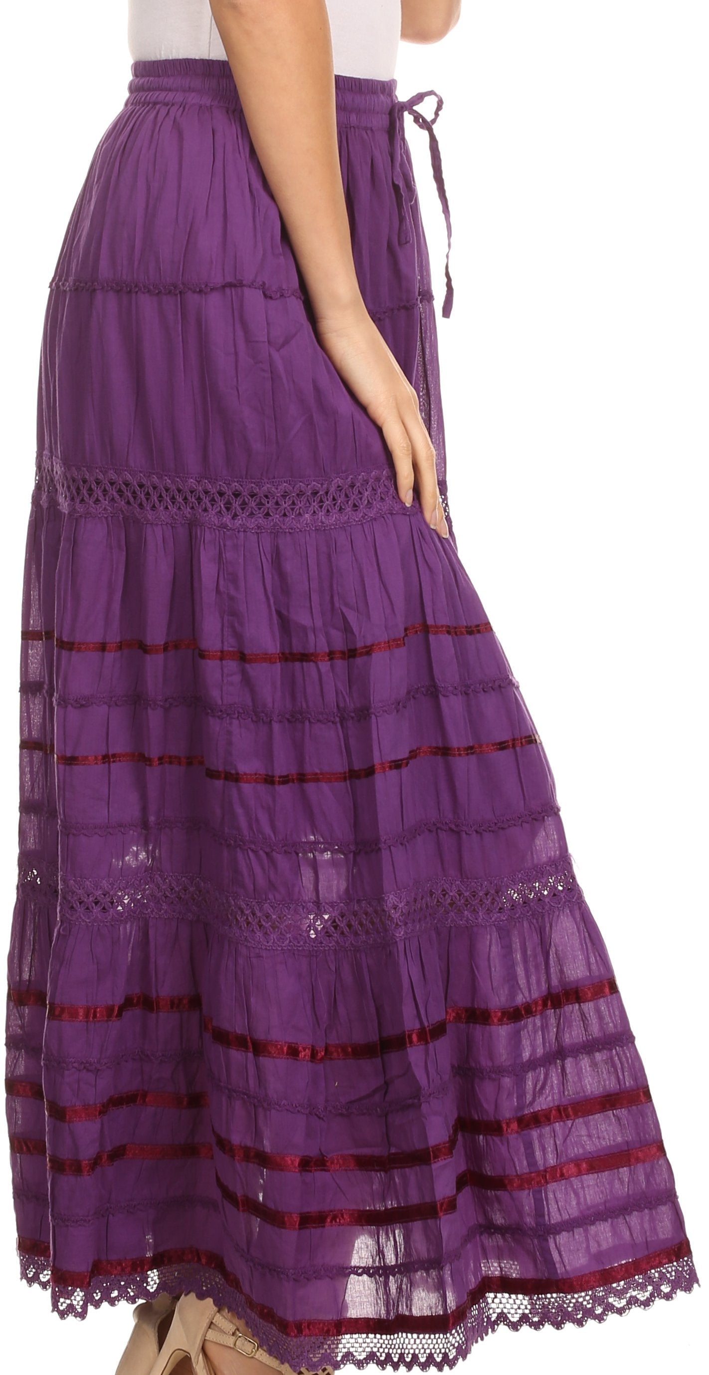 Sakkas 80123 - Gia Bohemian Adjustable Lace Embroidered Wide Lined Long Ethnic Skirt  - Black - OS