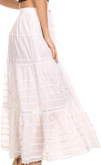 Sakkas 80123 - Gia Bohemian Adjustable Lace Embroidered Wide Lined Long Ethnic Skirt  - Black - OS