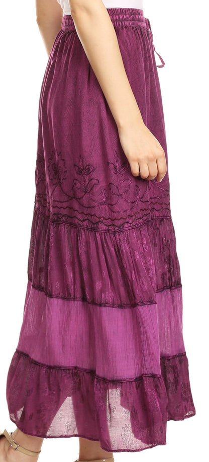 Sakkas Tania Long Bohemian Embroidered Maxi Skirt with Adjustable Waist