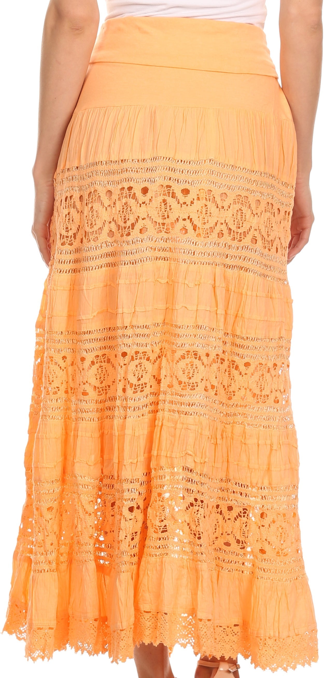 Sakkas Gracie Crochet Lace Tiered Long Cotton Skirt with Fold-Over Waistband