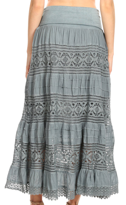 Sakkas Gracie Crochet Lace Tiered Long Cotton Skirt with Fold-Over Waistband