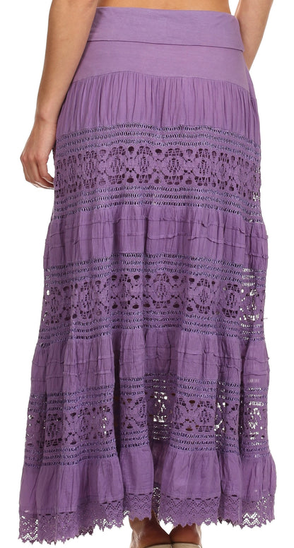 Sakkas Gracie Crochet Lace Tiered Long Cotton Skirt with Fold-Over Waistband