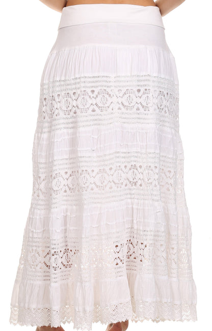 Sakkas Gracie Crochet Lace Tiered Long Cotton Skirt with Fold-Over Waistband