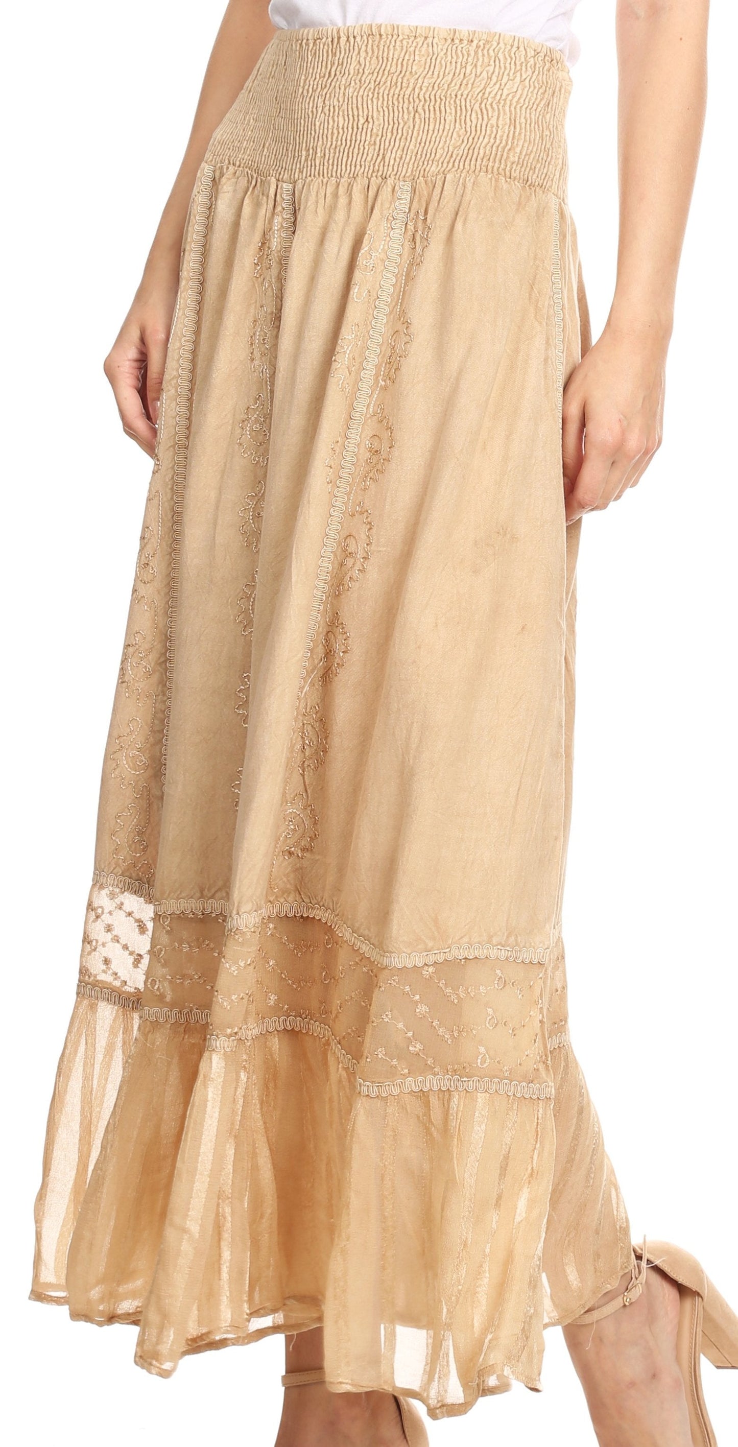 Sakkas Shamim Boho Maxi Long Skirt with Sheer Textured Panels W/ Smocked Waistband