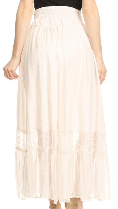 Sakkas Shamim Boho Maxi Long Skirt with Sheer Textured Panels W/ Smocked Waistband