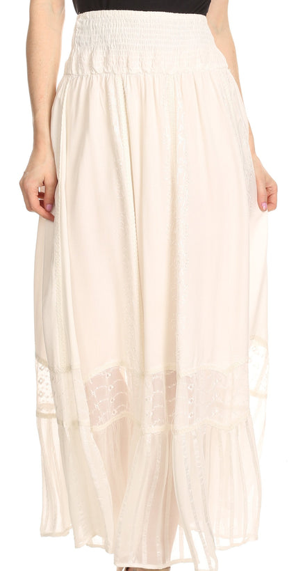 Sakkas Shamim Boho Maxi Long Skirt with Sheer Textured Panels W/ Smocked Waistband