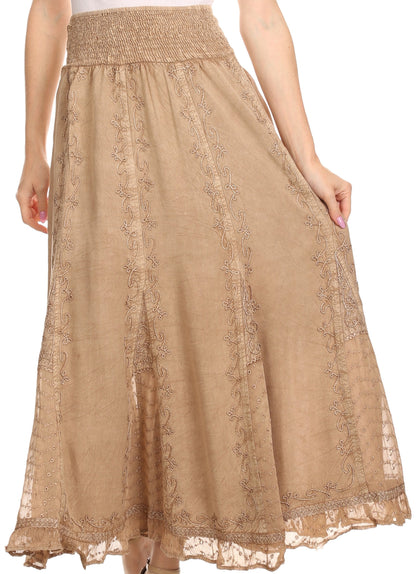 Sakkas Monola Long Tall Lace Embroidered Paneled Adjustable Waist Flare Skirt
