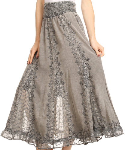 Sakkas Monola Long Tall Lace Embroidered Paneled Adjustable Waist Flare Skirt