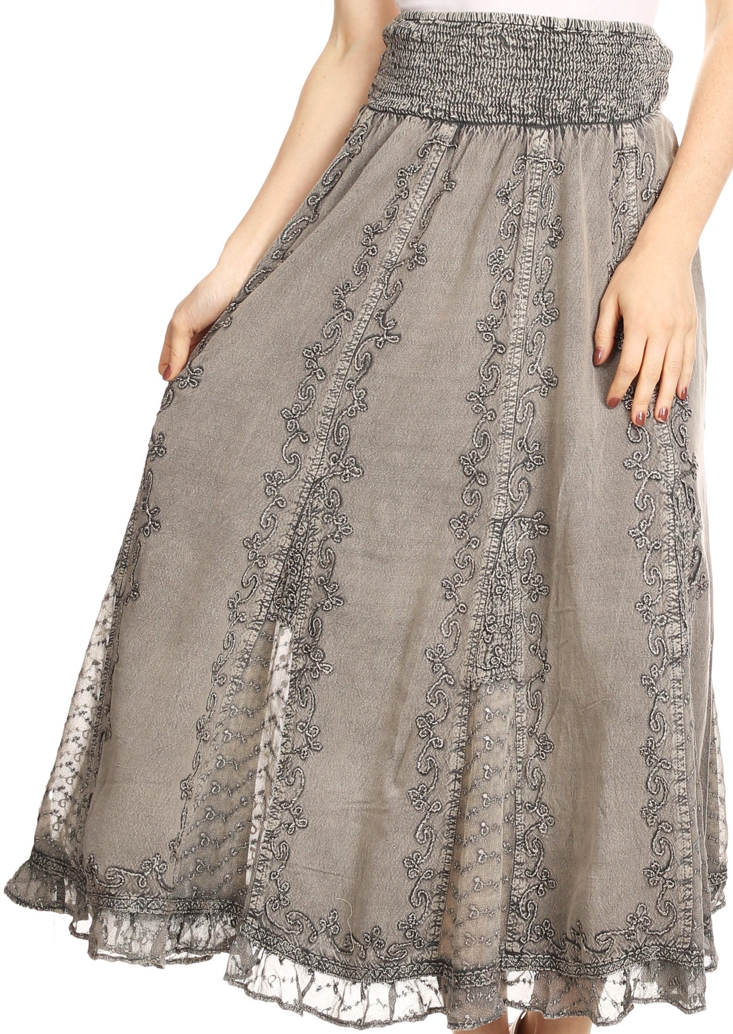 Sakkas Monola Long Tall Lace Embroidered Paneled Adjustable Waist Flare Skirt