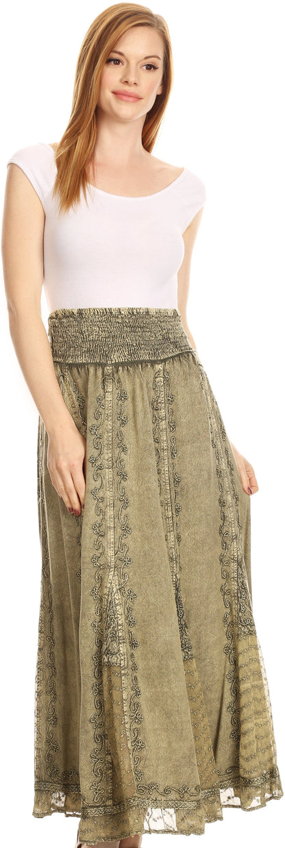 Sakkas Monola Long Tall Lace Embroidered Paneled Adjustable Waist Flare Skirt