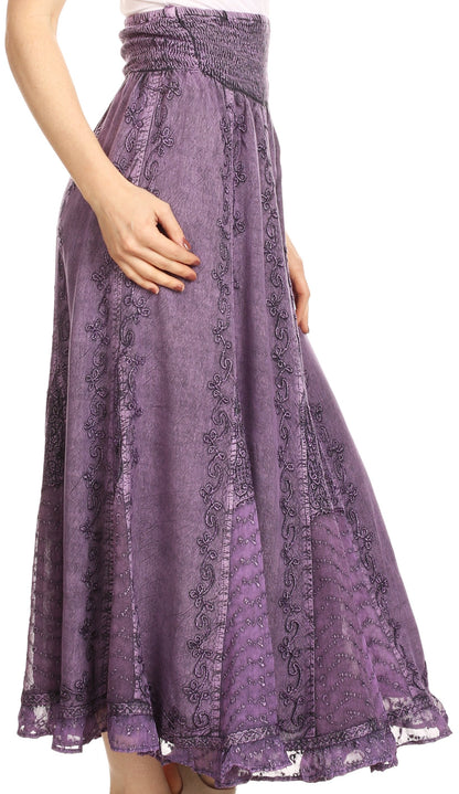 Sakkas Monola Long Tall Lace Embroidered Paneled Adjustable Waist Flare Skirt