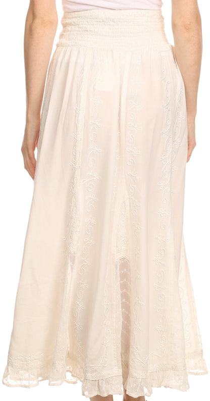 Sakkas Monola Long Tall Lace Embroidered Paneled Adjustable Waist Flare Skirt