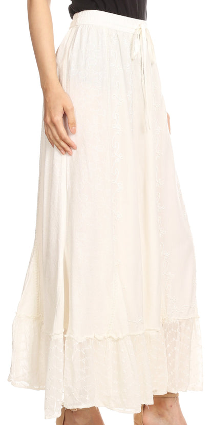 Sakkas Monica Womens Gypsy Bohemian Long Maxi Skirt with Elastic Waist and Lace