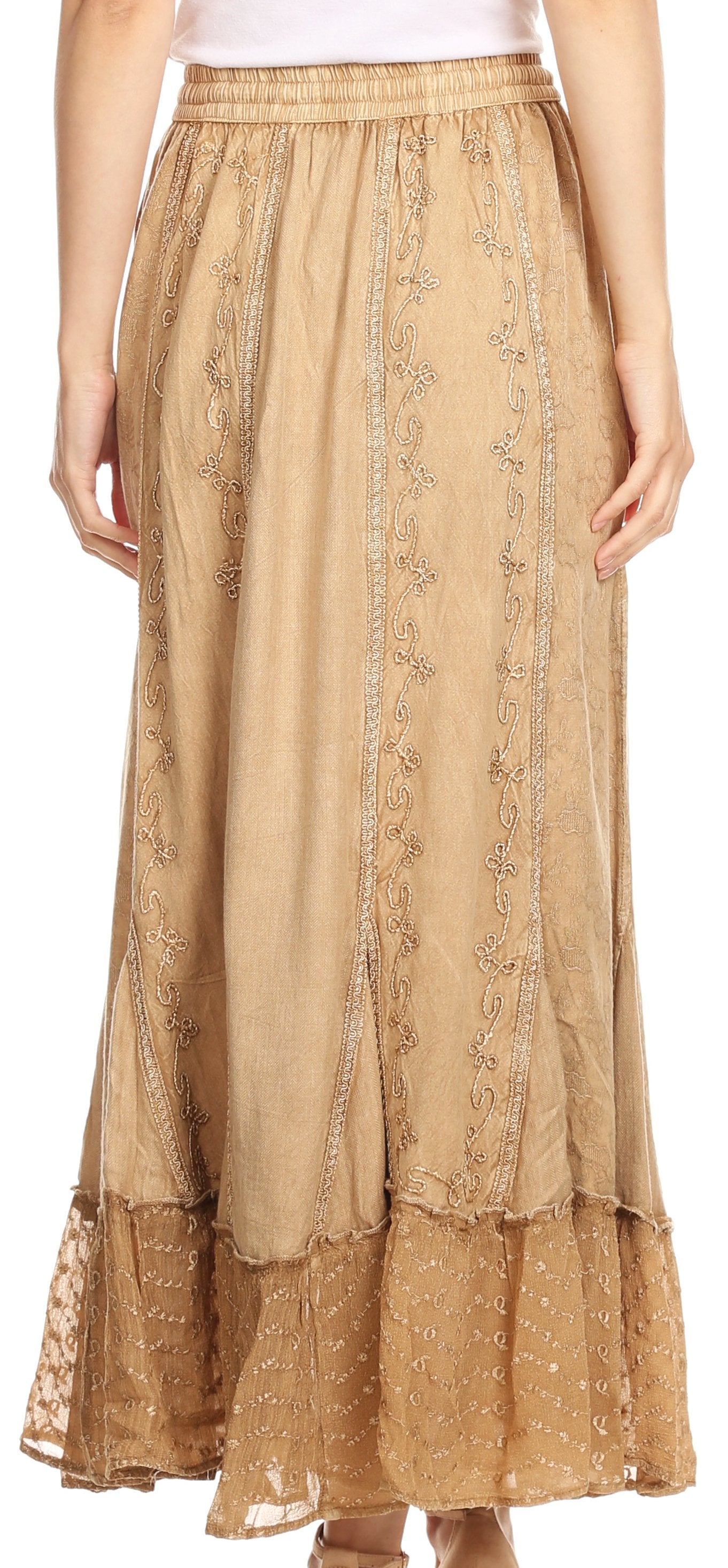 Sakkas Monica Womens Gypsy Bohemian Long Maxi Skirt with Elastic Waist and Lace