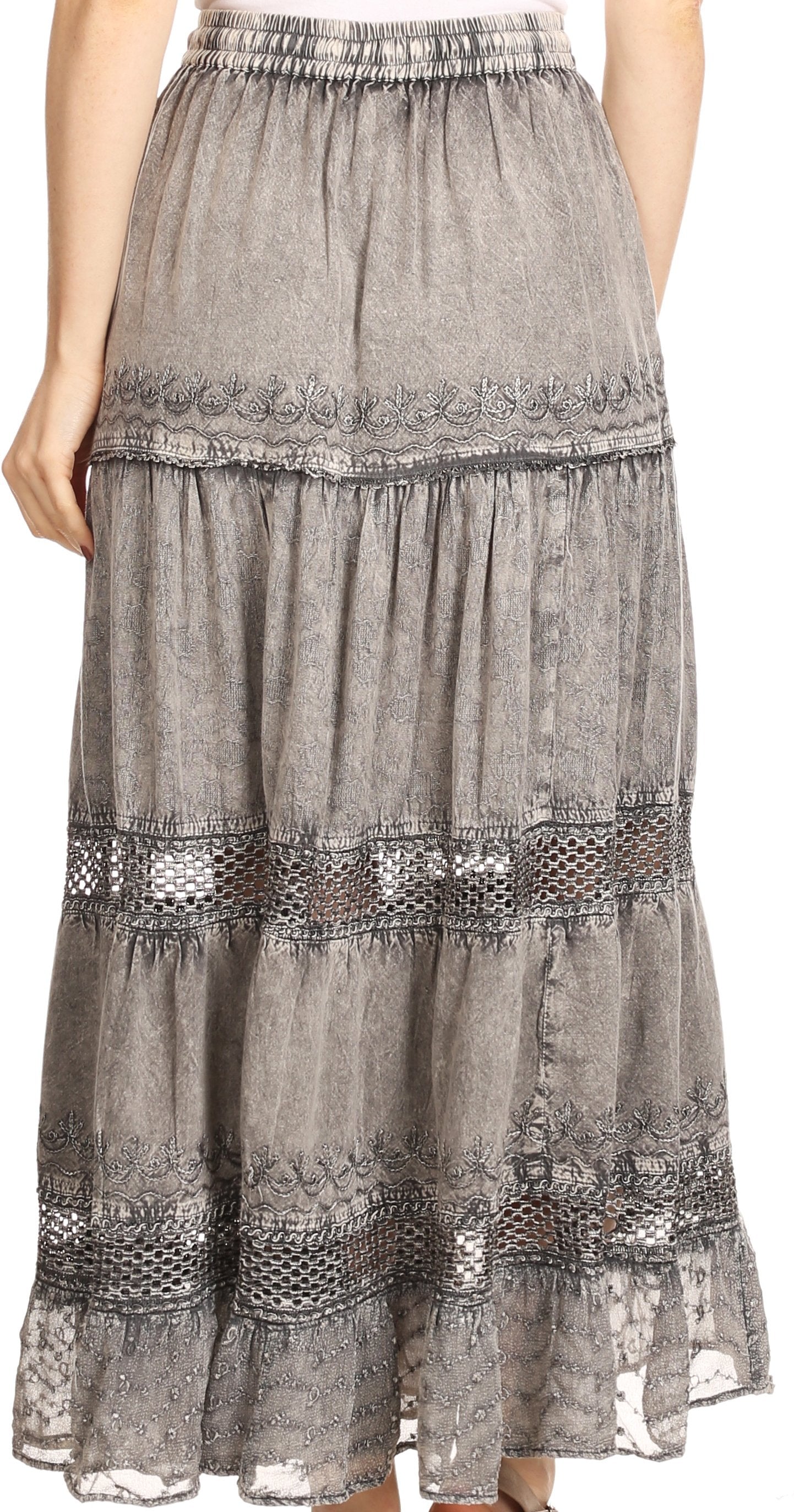 Sakkas Salina Boho Maxi Skirt with Embroidery and Crochet Lace  Adjustable Waist