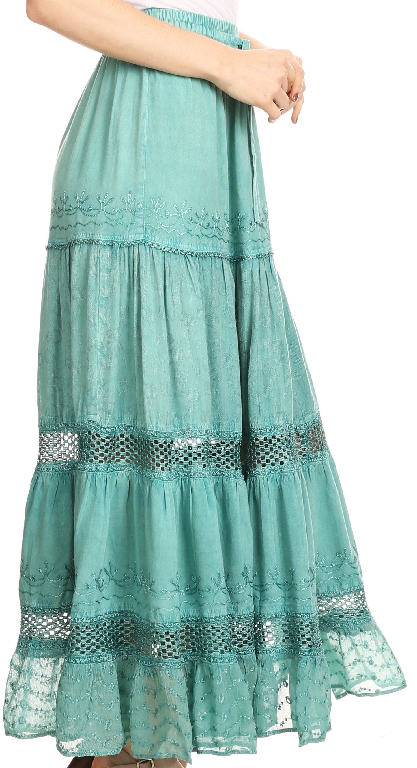 Sakkas Salina Boho Maxi Skirt with Embroidery and Crochet Lace  Adjustable Waist