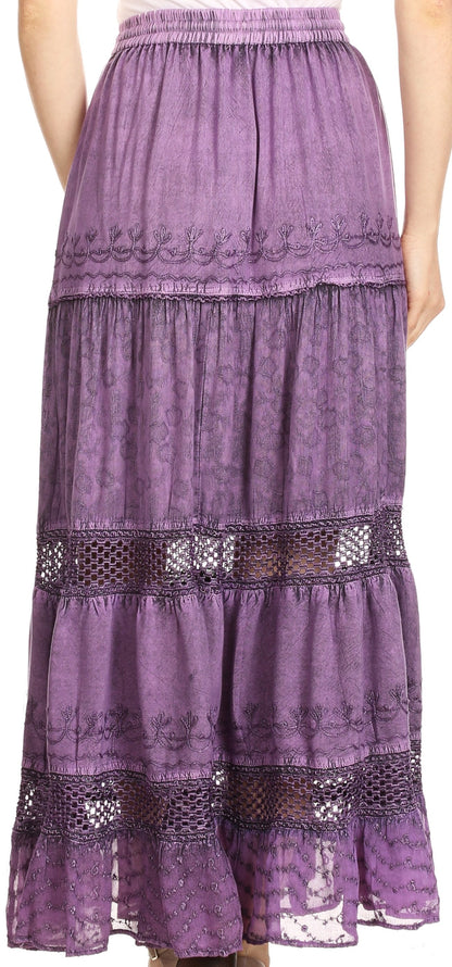 Sakkas Salina Boho Maxi Skirt with Embroidery and Crochet Lace  Adjustable Waist