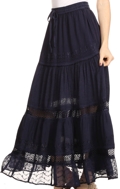 Sakkas Salina Boho Maxi Skirt with Embroidery and Crochet Lace  Adjustable Waist