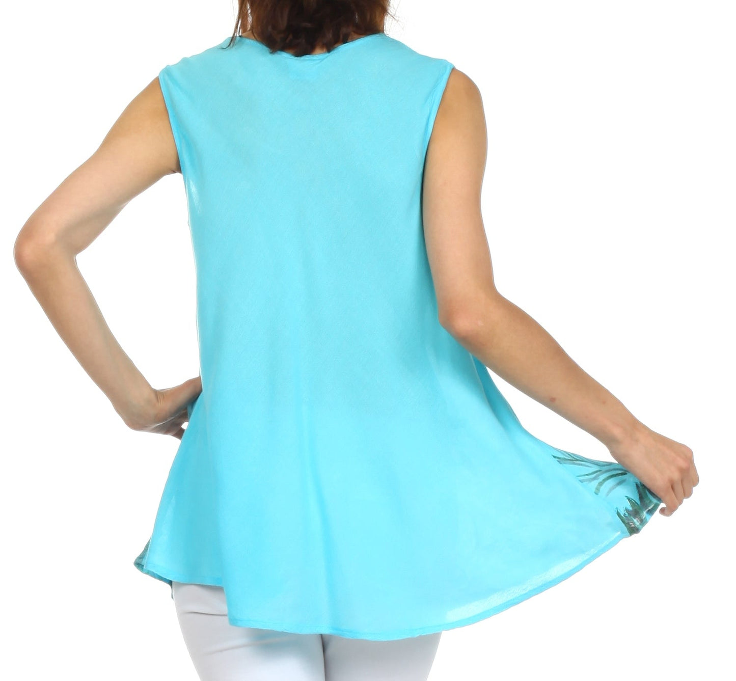 Sakkas Embroidered Watercolor Palm Tree Flared Hem Blouse