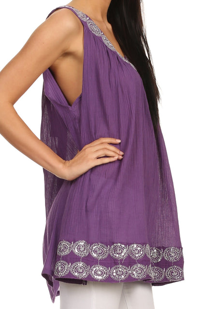 Sakkas Tyra  Sequin Embroidered Relaxed Fit Sleeveless V-Neck Top