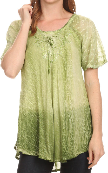 Sakkas Vilma Long Blouse With Embroidery Lace Cap Sleeves And Corset Enclosure