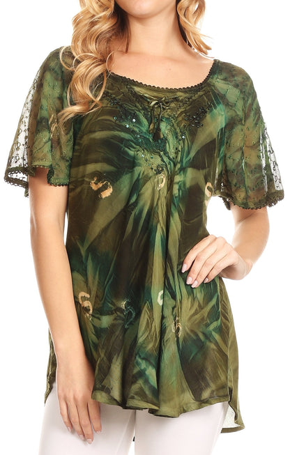 Sakkas Juniper Short Sleeve Lace Up Tie Dye Blouse with Sequins and Embroidery