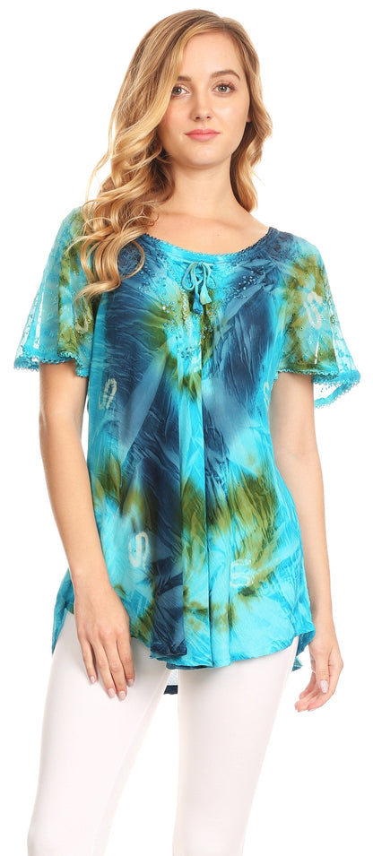 Sakkas Juniper Short Sleeve Lace Up Tie Dye Blouse with Sequins and Embroidery
