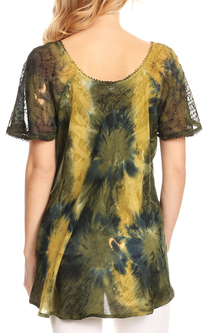 Sakkas Juniper Short Sleeve Lace Up Tie Dye Blouse with Sequins and Embroidery