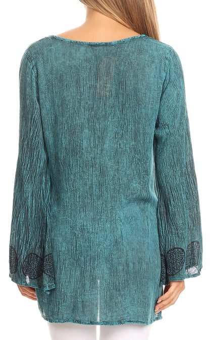 Sakkas Jayla Long Bell Sleeve Stonewashed Embroidered Top with Floral Print