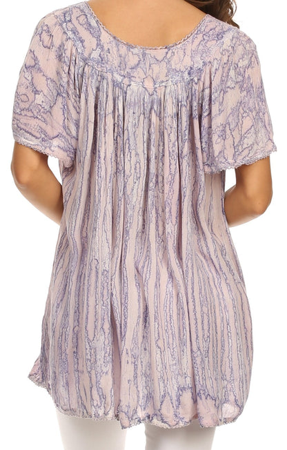 Sakkas Elaine Embroidered Batik Scoop Neck Relaxed Fit Flutter Sleeve Blouse