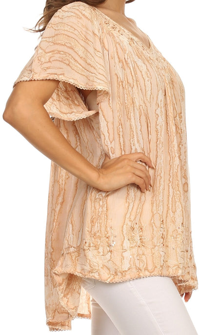 Sakkas Elaine Embroidered Batik Scoop Neck Relaxed Fit Flutter Sleeve Blouse