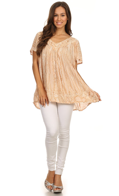 Sakkas Elaine Embroidered Batik Scoop Neck Relaxed Fit Flutter Sleeve Blouse