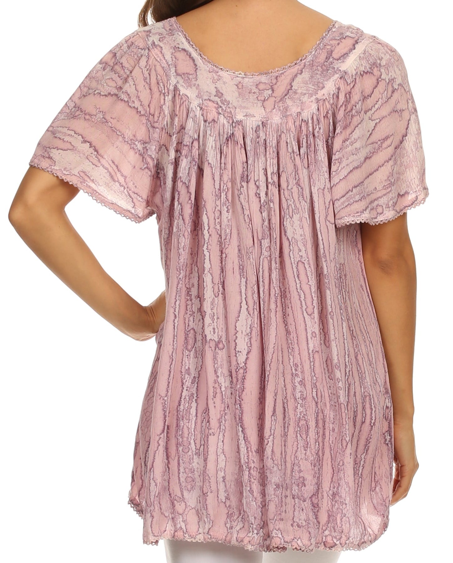 Sakkas Elaine Embroidered Batik Scoop Neck Relaxed Fit Flutter Sleeve Blouse